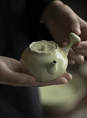 过滤侧壶器功夫花口釉执壶茶具墨手把文人泡茶绿己仿宋孔球陶瓷壶