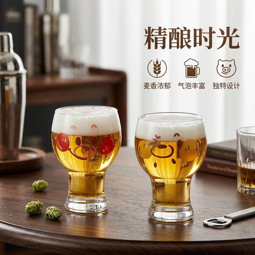 啤酒杯设计感小众可爱小熊玻璃果汁杯高颜值大容量家用扎啤冷饮杯