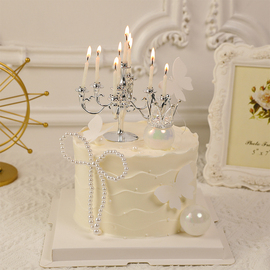 520情人节生日蛋糕装饰复古烛台，摆件情侣告白珍珠蝴蝶结插件