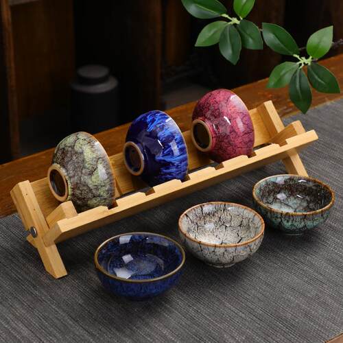 天目釉陶瓷茶具小茶杯 建盏茶碗茶盏主人杯窑变品茗杯6祇装带杯架