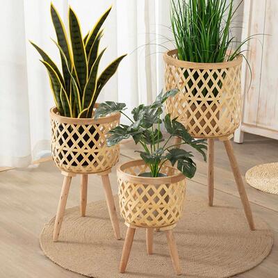 Handmade Bamboo Woven Flower Pot with Stand Plant Flower Di