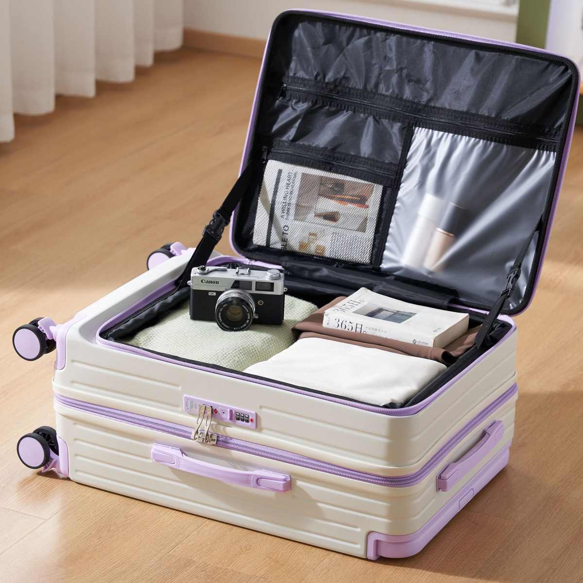 侧开盖深仓一体式行李箱女宽拉杆旅行箱大容量20寸多功能密码登机