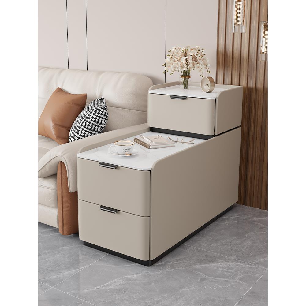 爱莱德实木奶油轻奢岩板皮质沙发侧边柜现代简约茶边几客厅可移动双层柜