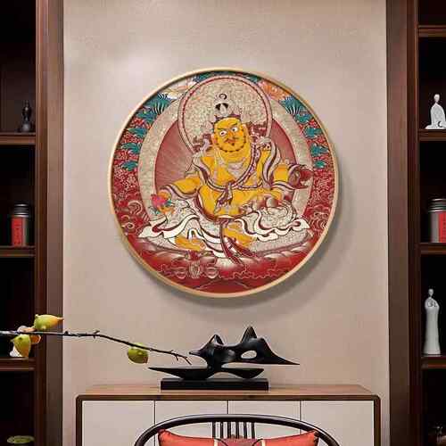 藏传佛像挂画黄财神唐卡装饰画圆形客厅中堂玄关玄幻招财寓意壁画
