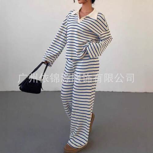 2-piece women's loose Casual striped V-neck dropped shoulder