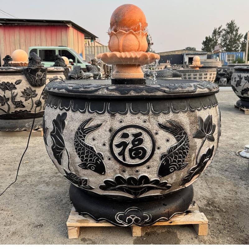 石雕鱼缸青石仿古门海大理石荷花缸养鱼水缸莲花流水别墅庭院摆件