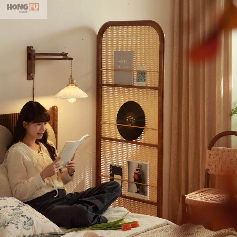 鸿福藤编屏风移动入户正对门隔断客厅玄关座屏卧室实木沙发置物架