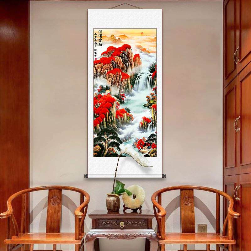 鸿运当头国画 玄关山水画卷轴挂画竖版风水靠山客厅办公室 招财