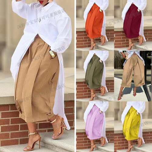 Women's Khaki Loose Multicolor Cropped&Long Trousers 100%
