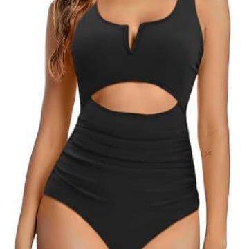 Waist hugging one-piece swimsuit for women, hollow high