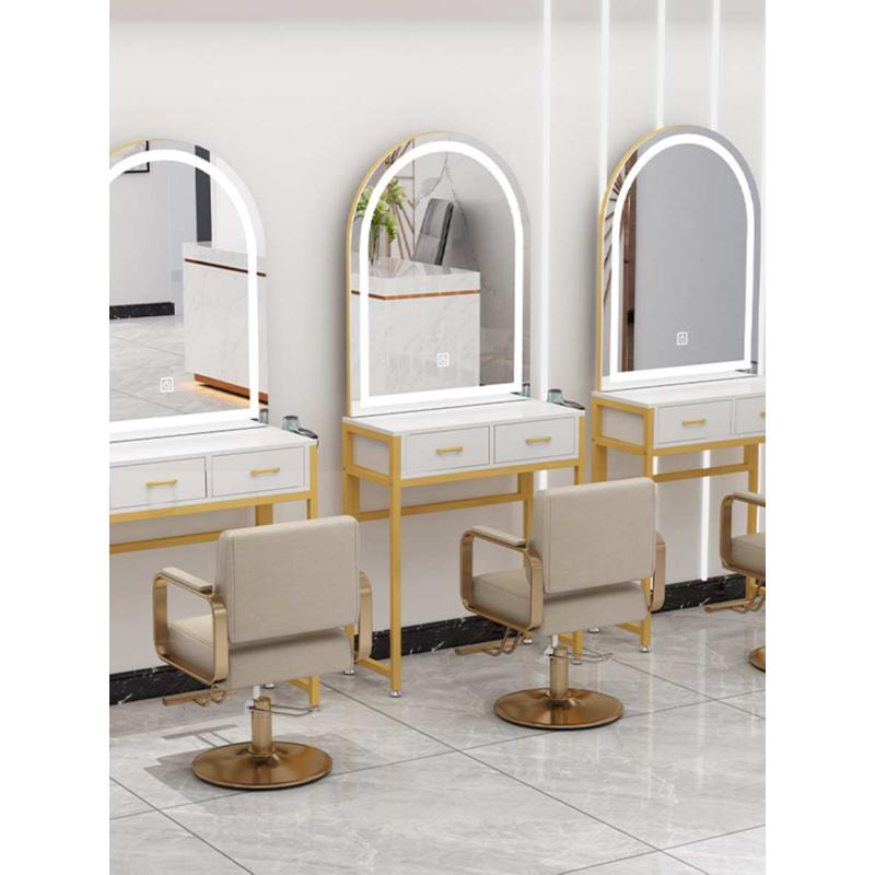 网红理发店单双面镜台美发店带灯镜子发廊带柜子一体剪发镜
