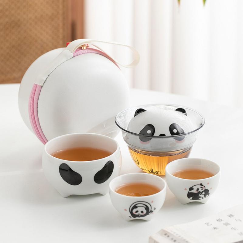 可爱熊猫便携式旅行茶具套装一壶三杯个人户外露营泡茶装备快客杯