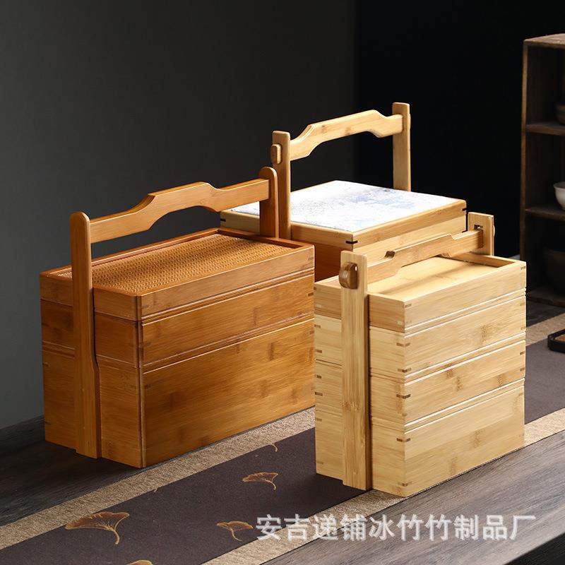 竹制提箱竹编提篮茶具收纳箱户外茶盘便携竹提盒三层食盒大量库存