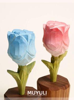 手工木雕玫瑰花摆件情侣款一对桌面装饰品闺蜜男女友创意表白礼物