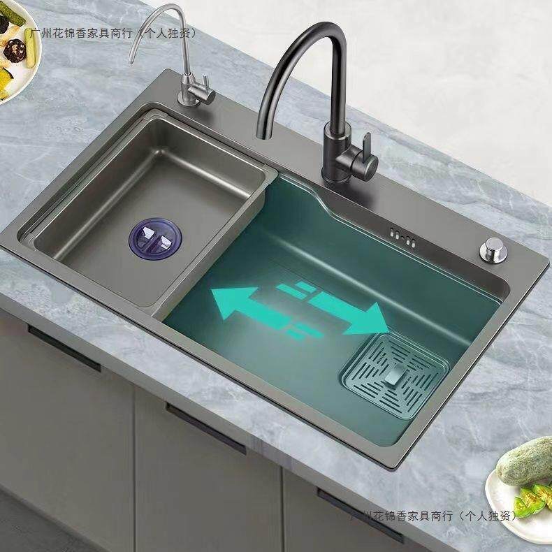 网红枪灰色厨房水槽家用纳米304不锈钢大单槽多功能洗菜池洗碗槽