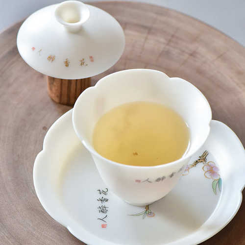 羊脂玉素烧白瓷花口盖碗家用高档陶瓷描金防烫功夫茶具三才泡茶碗