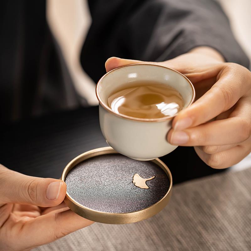 黑茶檀家实木茶茶垫杯纯铜THF茶杯托 托用功夫茶具道配件隔热防滑