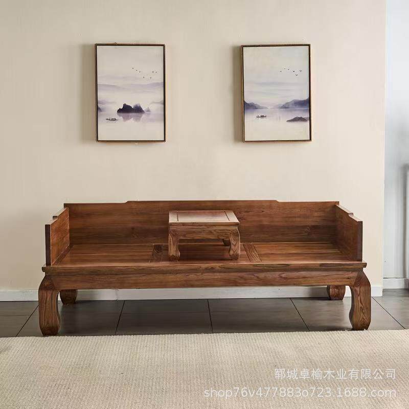 北方老榆木罗汉床实木抽拉式推拉罗汉床榫卯雕刻大象罗汉榻沙发床