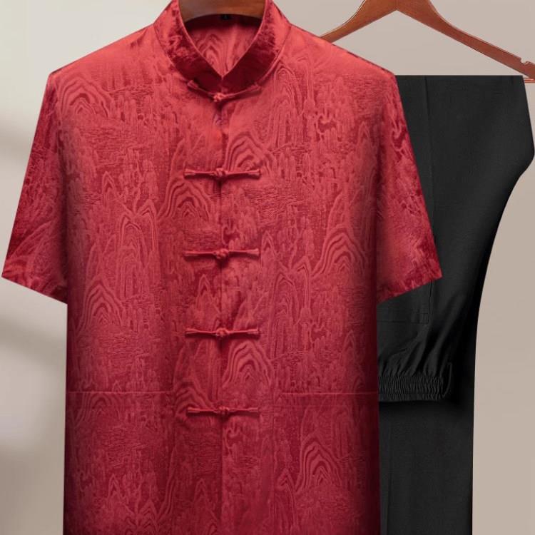 中式高级感桑蚕丝唐装短袖套装夏季喜庆婚宴中老年爸爸装汉服一套