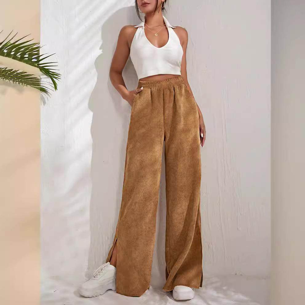 women for trousers hem slit stitching corduroy color solid