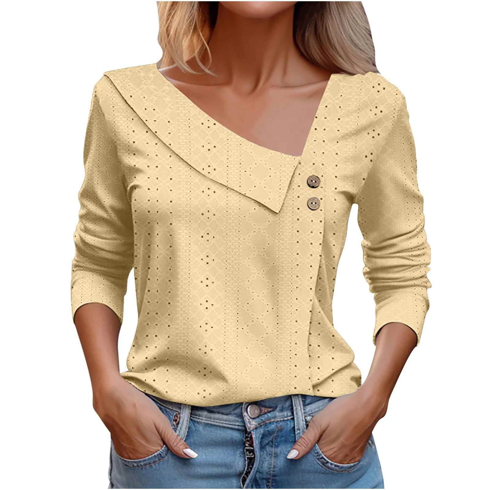Solid color V-neck button loose long-sleeved T-shirt top