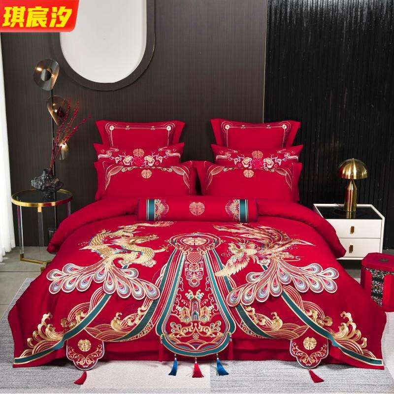 婚庆高级120S长绒棉全棉大红色龙凤四件套陪嫁结婚重工刺绣多件套