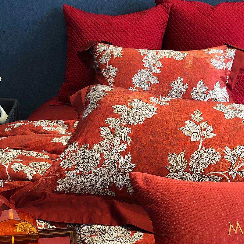 高端复古奢雅欧式婚庆100s长绒棉四件套红色婚庆柔软被套床单床品
