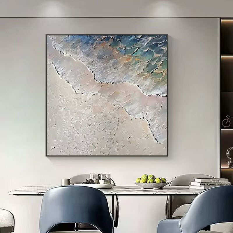 手绘油画餐厅装饰画正方形现代抽象客厅挂画手工海景立体砂岩肌理
