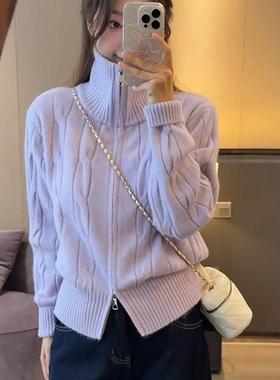 紫色高领加厚毛衣女秋冬季2025新款针织开衫外套慵懒宽松显1222r