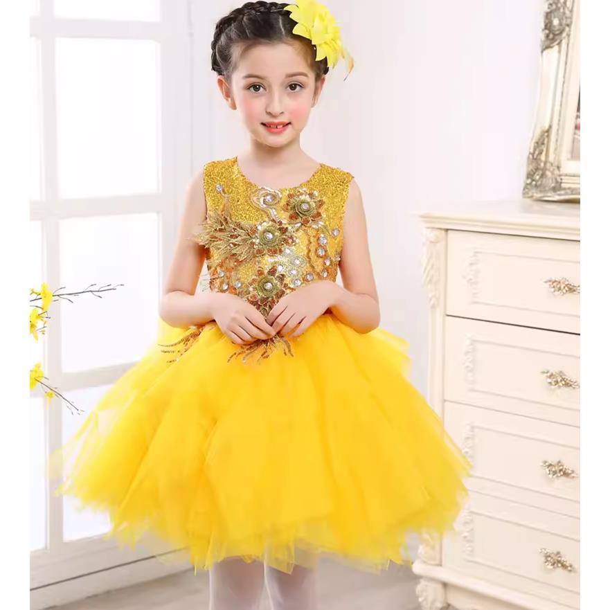 正品童男女装童装金色儿童服面纱裙小学裙合唱舞蹈表演装