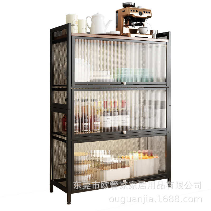 厨房落地置物架 碳钢多层带柜门防尘橱柜微波炉锅具收纳架