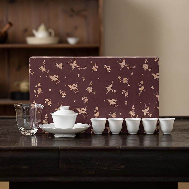新中式甜白釉盖碗茶具套装家用复古整套陶瓷功夫泡茶碗茶杯套装