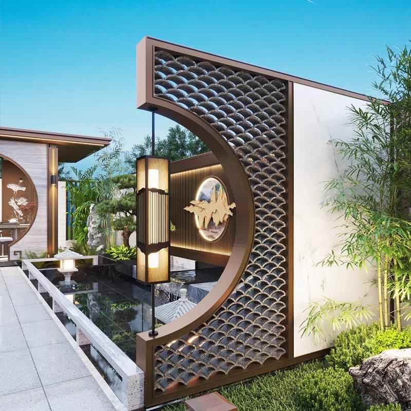 定制户外不锈钢半月形屏风新中式月洞门景观墙庭院隔断金属影壁墙