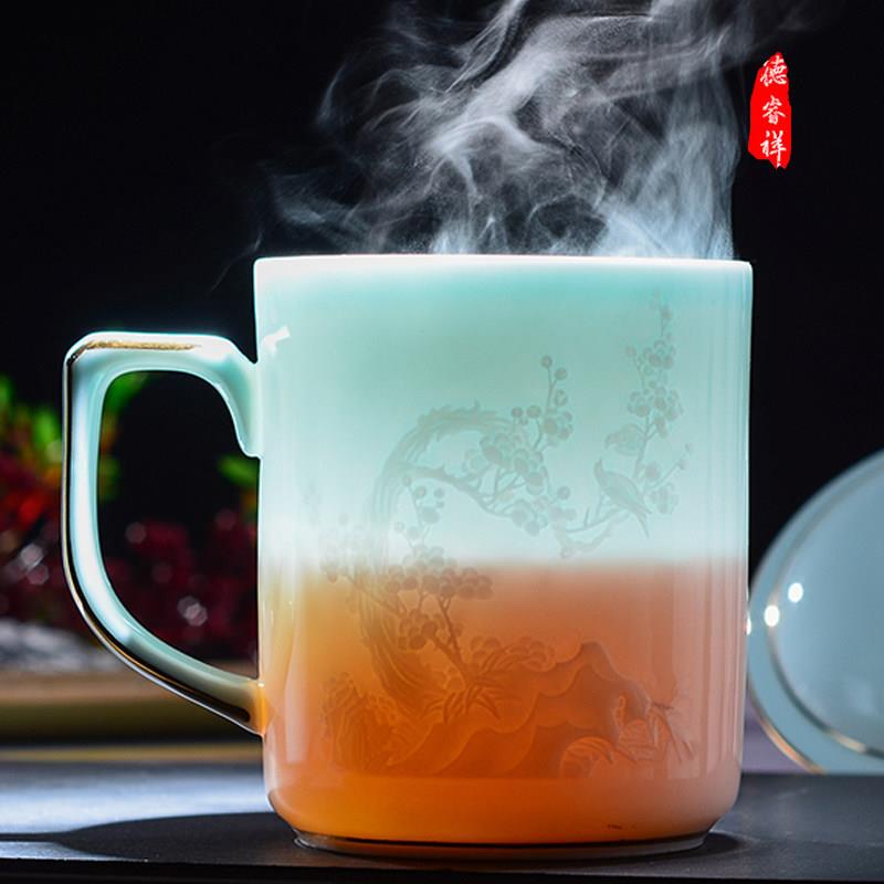 景德镇手工影青陶瓷办公陶瓷杯带盖子大容量泡茶杯子会议杯家用水