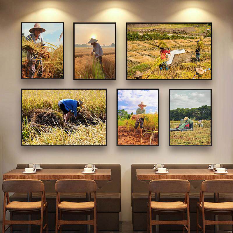 农耕文化装饰画农民劳作农忙乡村田园风景怀旧挂画农家乐农庄壁画