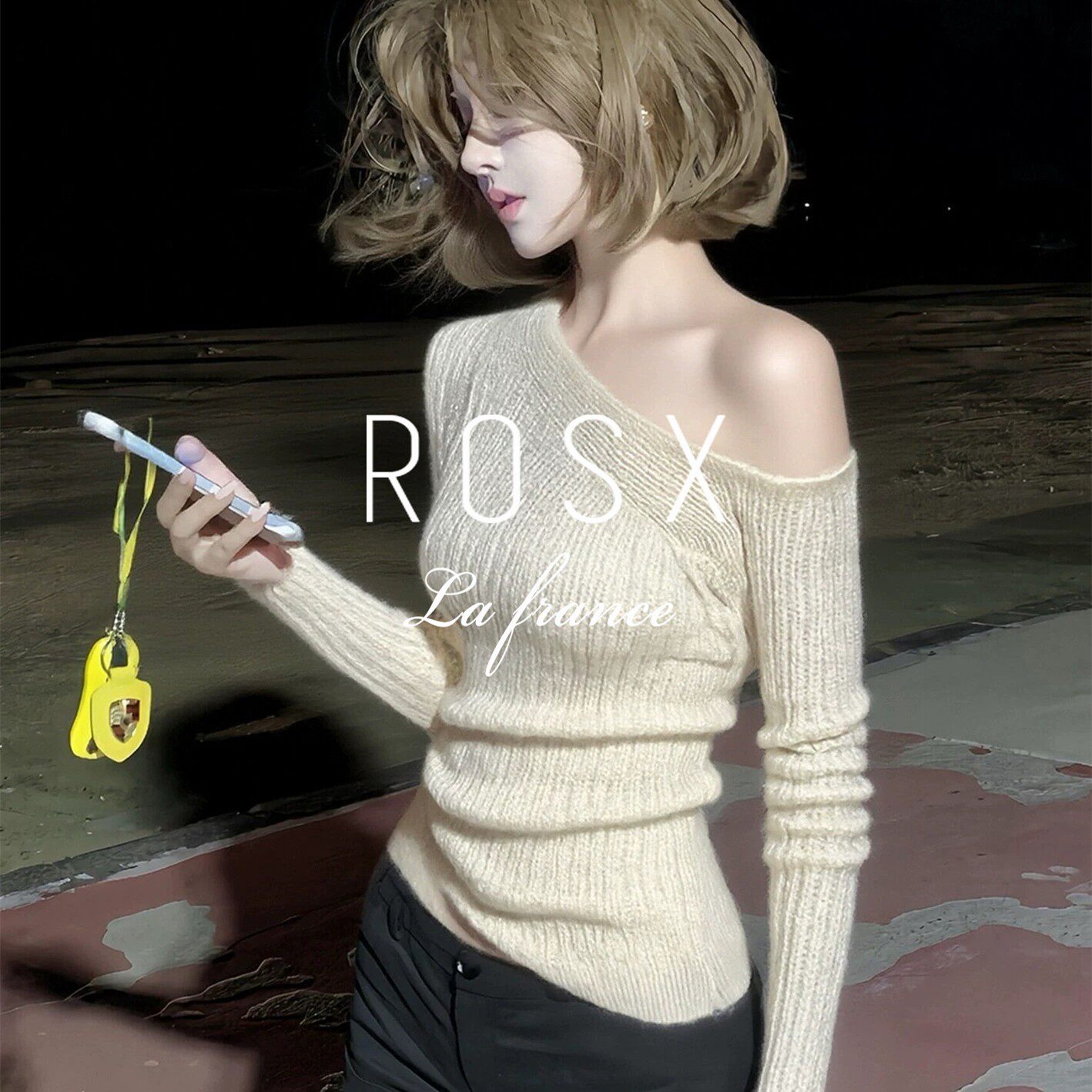 ROSX法式千金老钱风白色斜肩一字肩毛衣女秋冬气质露肩收腰针织衫