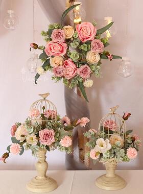 小清新彷真花花艺鸟笼盆栽摆件婚礼签到台桌花套装家居桌面装饰