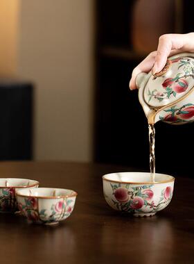 仿宋汝窑寿桃旅行茶具一壶三杯手抓壶快客杯户外便携式泡茶套组