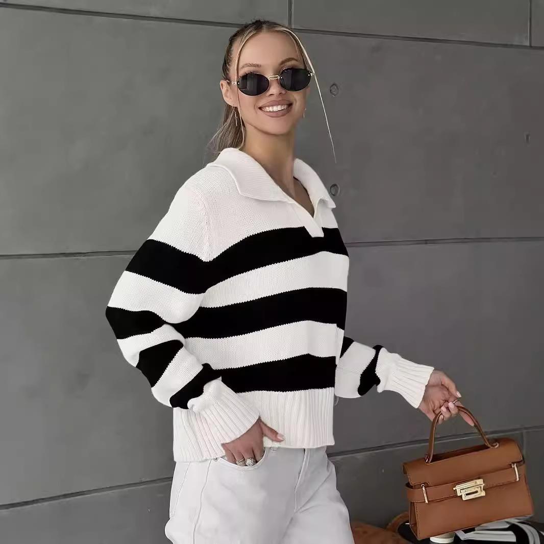 Striped Knitted Sweater Sweater Collar Color Knitted POLO