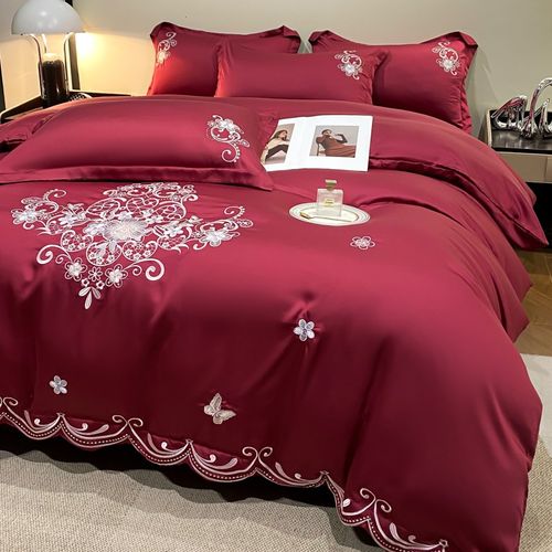 酒红色欧式高端雪莲天丝四件套冰丝滑被套结婚庆床单夏季刺绣床品