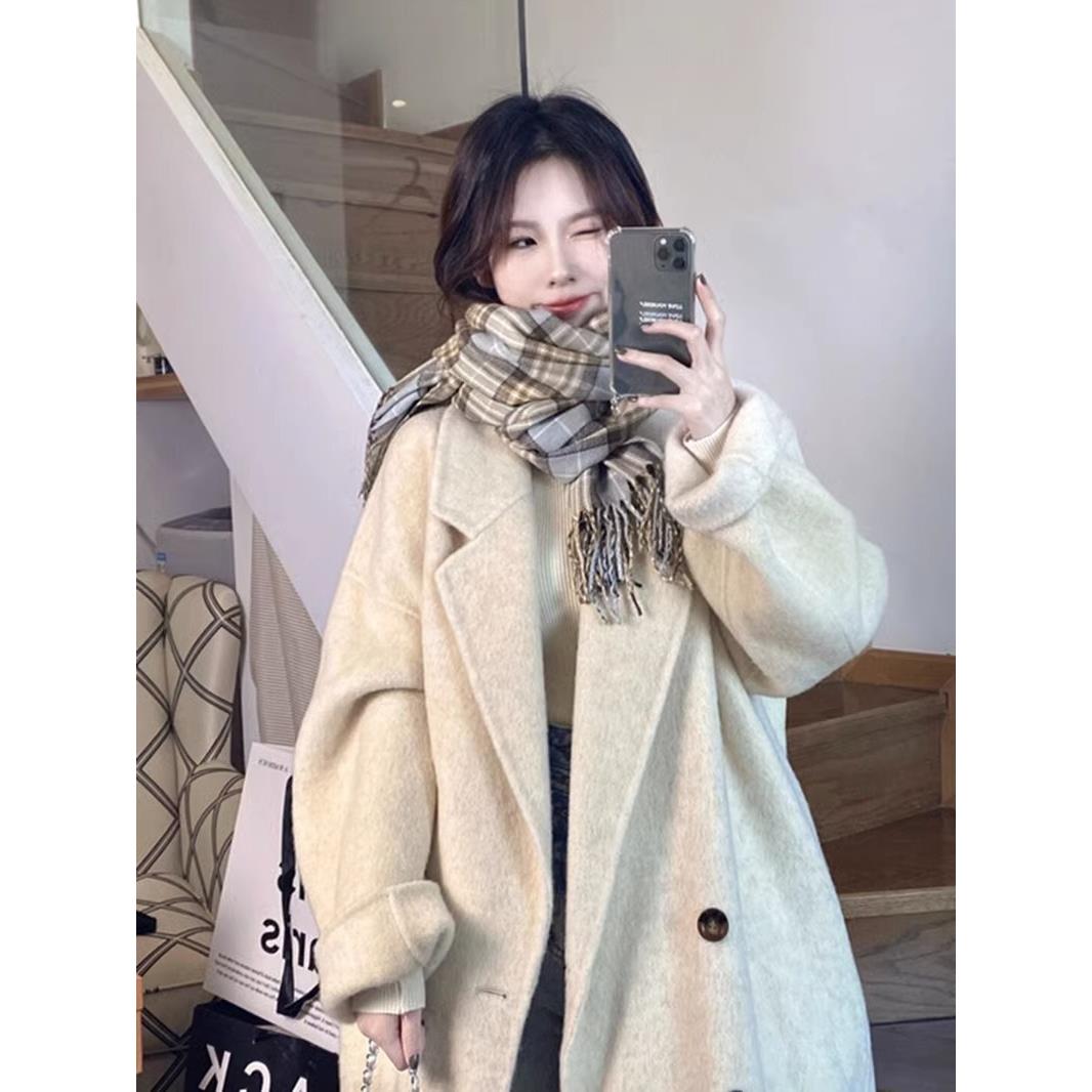 燕麦色双面羊绒大衣女2025秋冬新款韩版宽松中长款高端羊毛呢外套