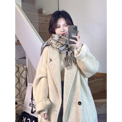 燕麦色双面羊绒大衣女2025秋冬新款韩版宽松中长款高端羊毛呢外套