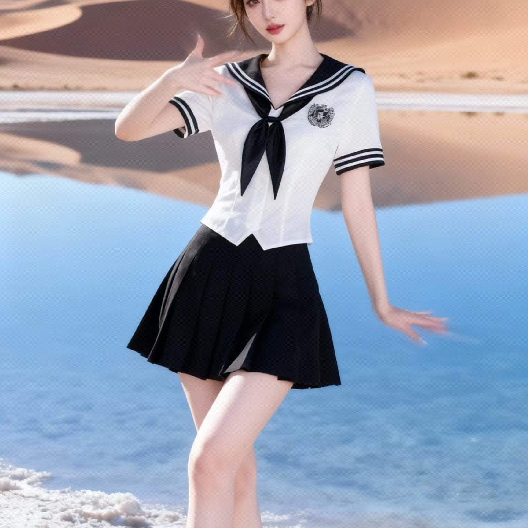 学院风制服套装女减龄养生会所足浴技师工作服海军领衬衫百褶短裙