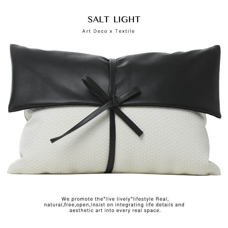 简约现代沙发样板房PU皮拼接黑色装饰抱枕别墅轻奢腰枕蝴蝶结靠垫