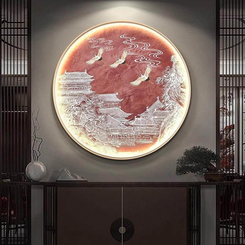 寓意好玄关装饰画新中式入户正对门壁画客厅餐厅圆形发光led灯画