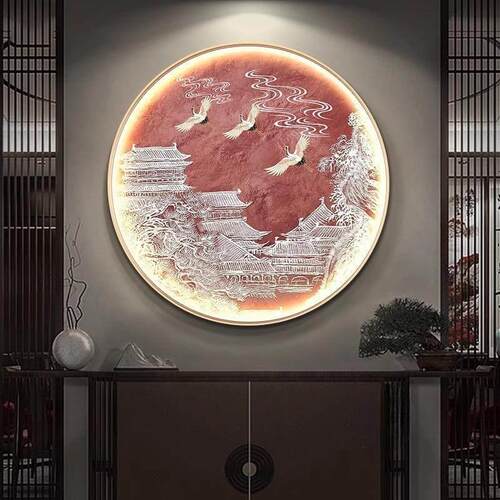 寓意好玄关装饰画新中式入户正对门壁画客厅饭厅圆形发光LED灯画