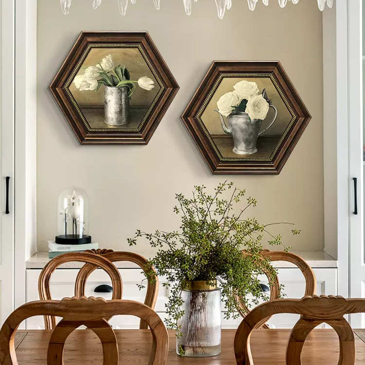 现代美式餐厅装饰画玄关六边形挂画欧式饭厅餐桌客厅背景墙三联画