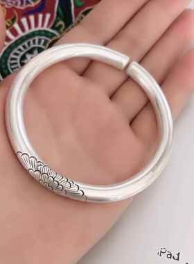 正品创99银手镯足银实心原设计牡9手丹 工私人定制纯银手镯女生日