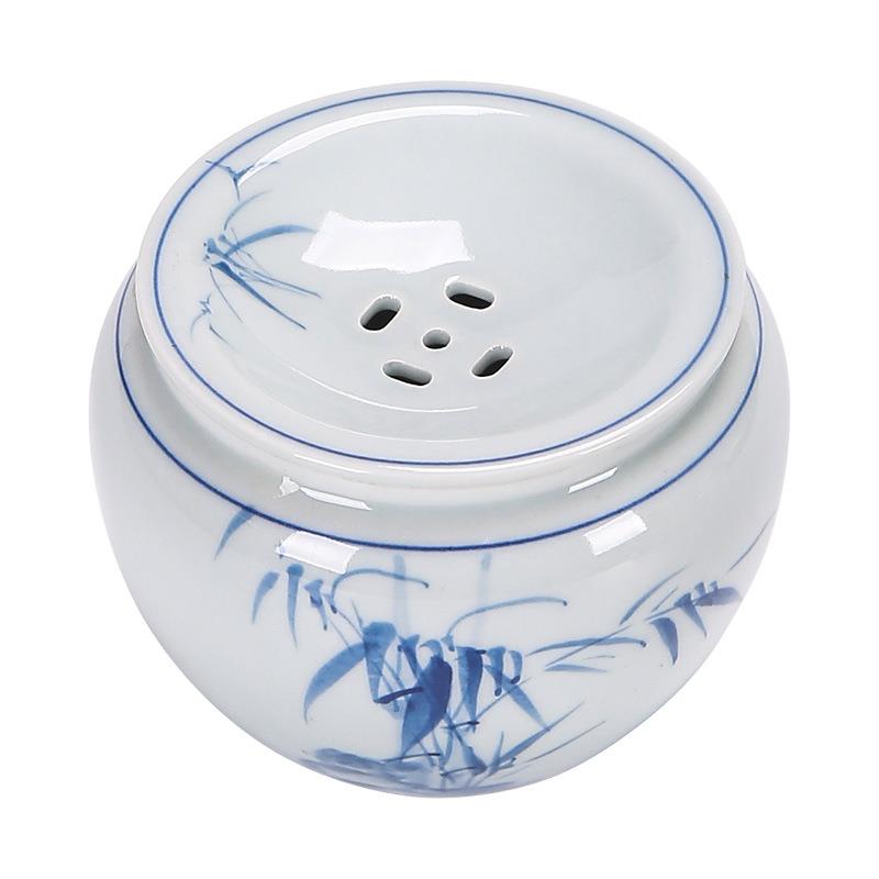 陶瓷建水茶渣缸家用带盖茶洗水盂小号手绘青花复古茶水桶茶道配件