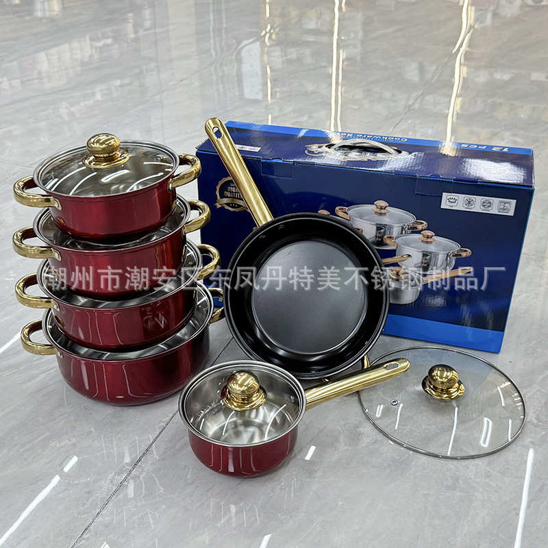 出口炫彩不锈钢套锅不粘锅12件套镀金把手cookware set pots